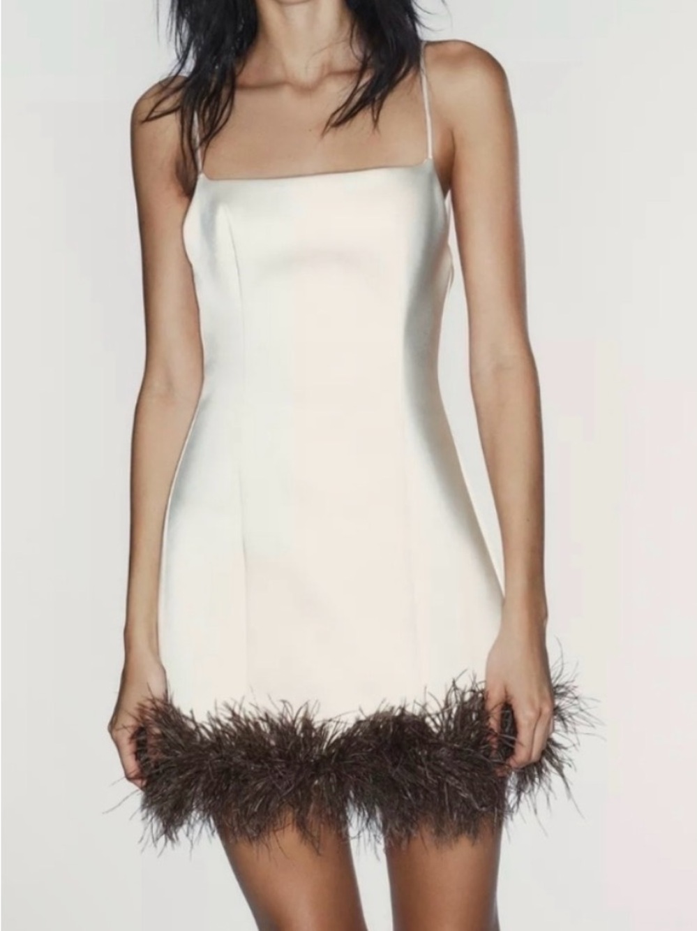 Zara White Feather-Hem Mini Dress